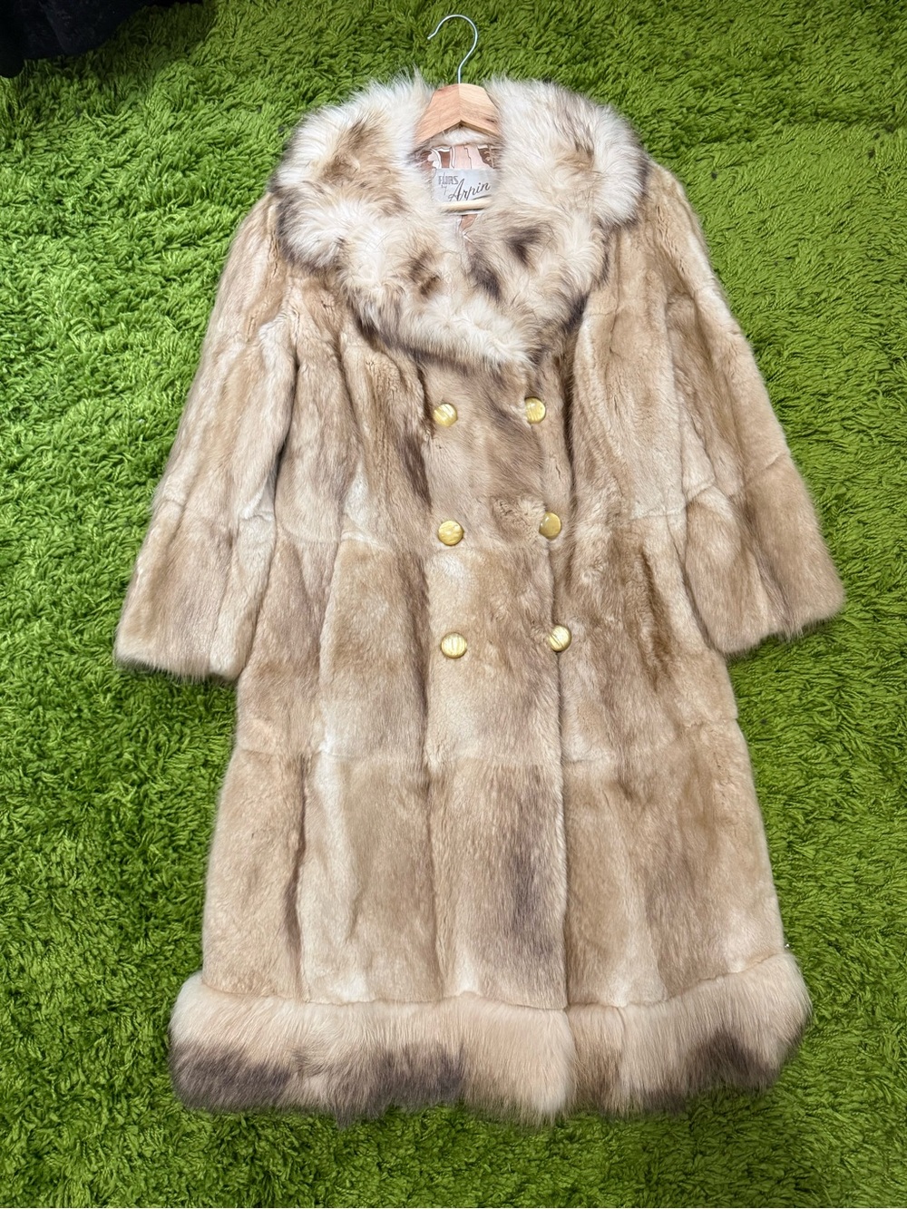 Vintage Plush Beige Double-Breasted Fur Peacoat with Gold Buttons